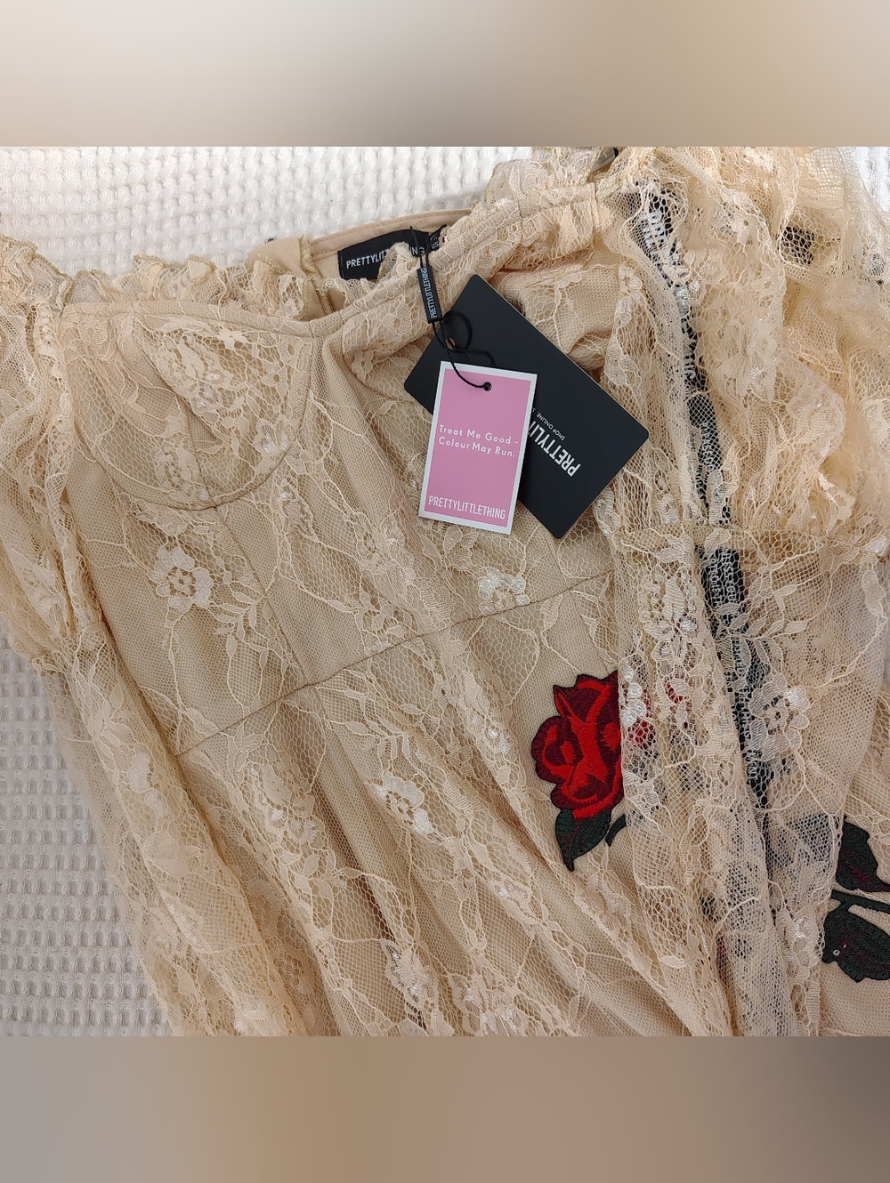 PrettyLittleThing Cream Lace Mini Dress with Red Rose Embroidery - Picture 5 of 5